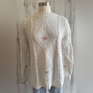 Vintage Cream Cable Knit‎ Floral Sweater Medium Cottagecore Grandpa